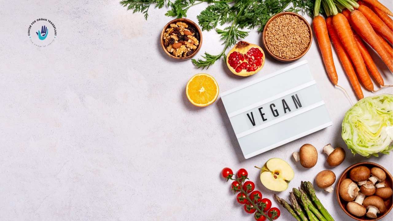 “Top view of a vibrant vegan dish filled with fresh greens, roasted vegetables, legumes and plant-based protein served in a bowl.”