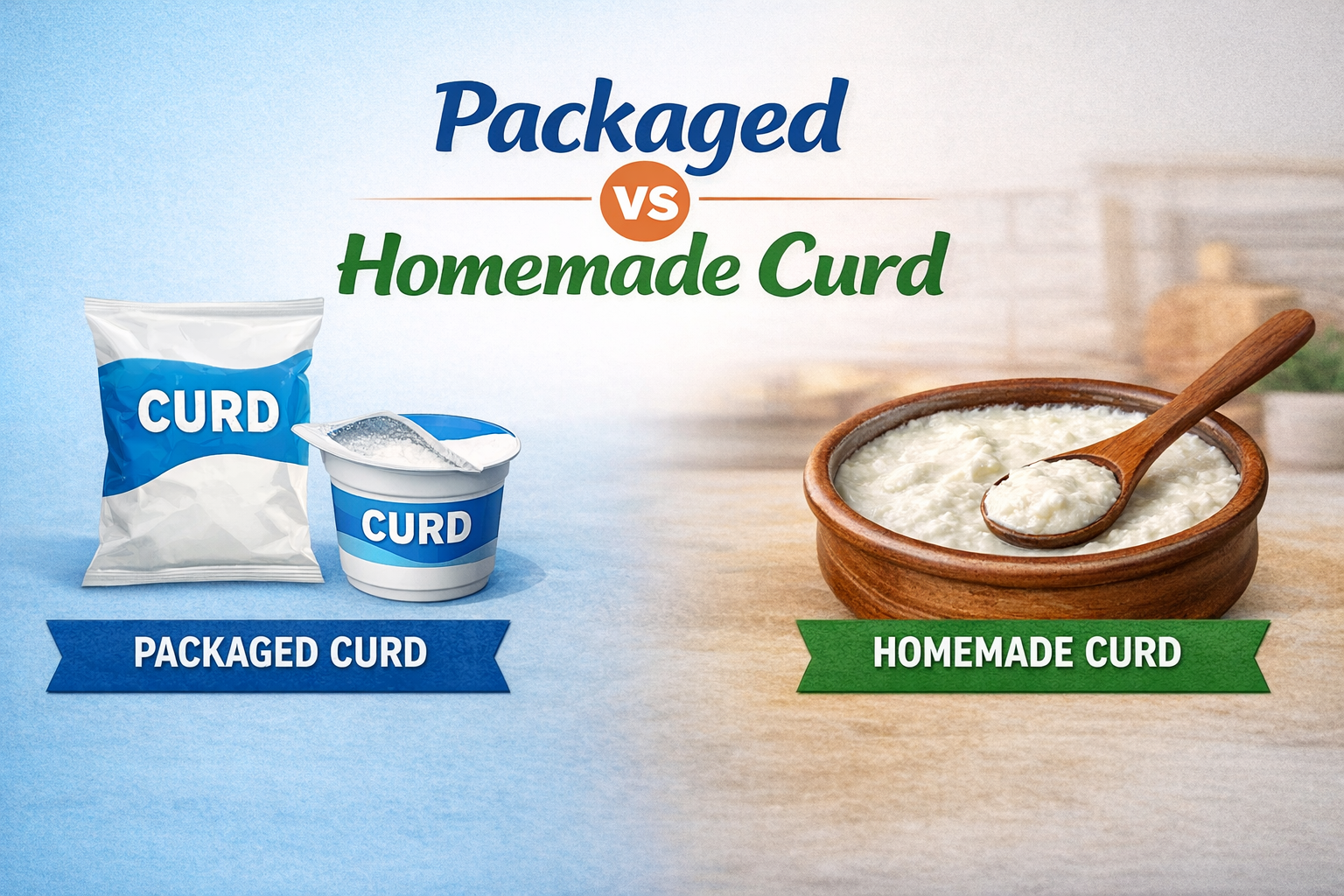Packaged curd in pouch and cup compared with homemade curd in a bowl